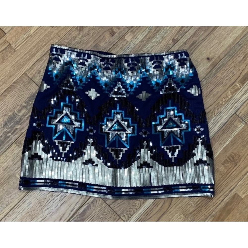 Miami Sequin Mini Skirt Navy Blue Aztec Geometric Y2K Retro Boho Festival Large